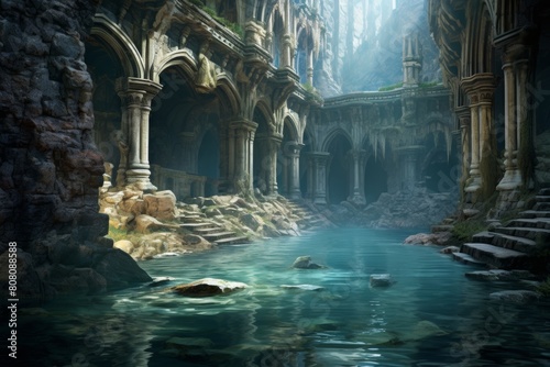 mountain gorge, flooded, gorge lake, medieval city submerged, castle ruins submerged photo