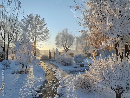 Winter wonderland, snow-covered trees and paths, soft sunlight, a quiet, frosty landscape