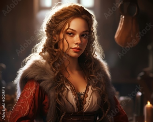 She wore a luxurious burgundy medieval cloak with fur trim  Fantasy character portrait  female glove maker