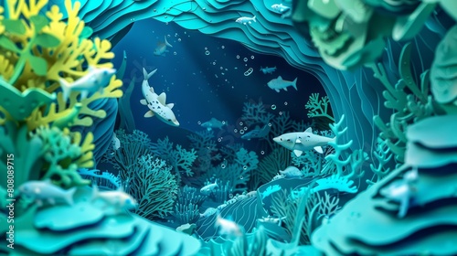 Charismatic concept of aqua animal habitats that mimic alien worlds  designed in paper cut styles  with a closeup cinematic sharpen