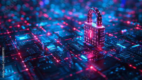 a digital padlock on an abstract cyber security technology background, with binary code, symbolizes robust protection against digital threats and secure data transmission.