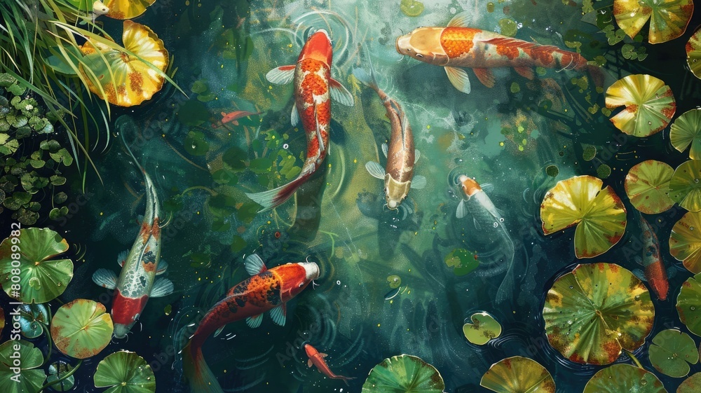 Fish Pond with Koi Fish Swimming and Lily Pads