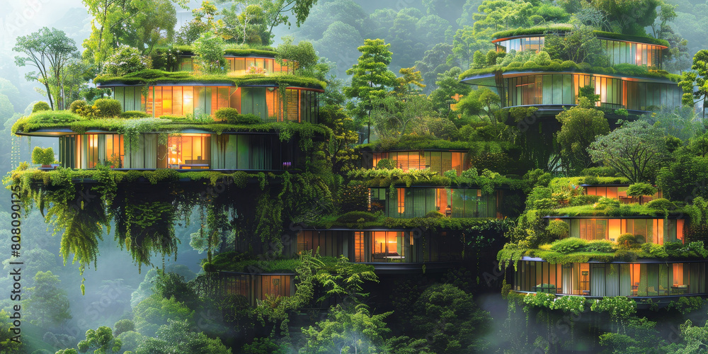 Eco-Friendly Futuristic Green Architecture, Lush Forest Living, Sustainable Circular Homes at Twilight