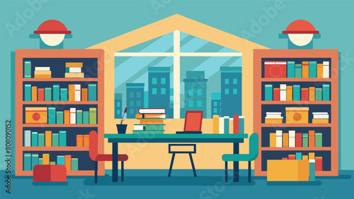 The completion of the schools library complete with bookshelves and study areas.. Vector illustration