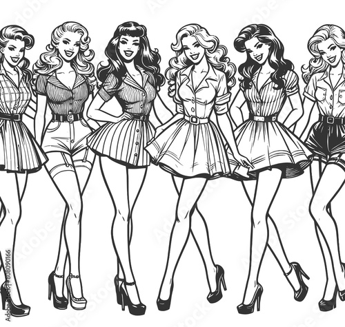 six retro-style pin-up girls dressed in fashionable mini skirts and heels sketch engraving generative ai fictional character vector illustration. Scratch board imitation. Black and white image.