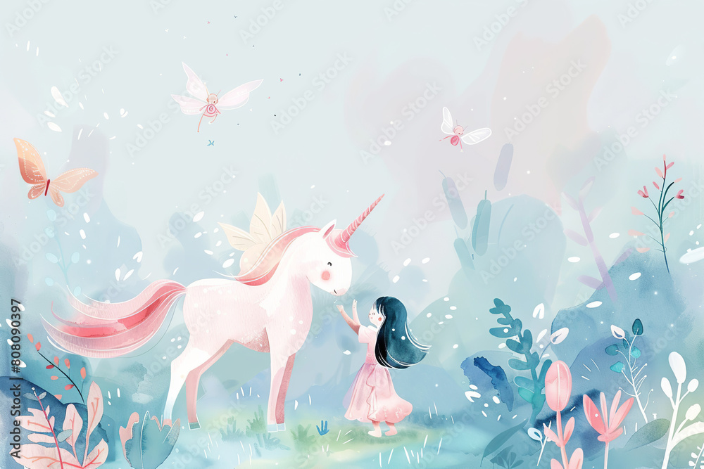 Obraz premium whimsical watercolor illustration, girl with Unicorn with pink mane, surrounded by blooming flowers and flying fairies