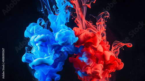 A vivid display where electric blue and crimson red acrylic inks blend into an abstract masterpiece in water, set against a deep black backdrop.