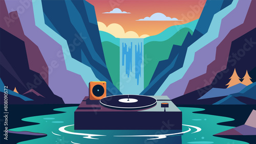 Near the edge of a majestic waterfall a record player is set up on a large rock creating a captivating soundscape as the vinyl music mingles with the Vector illustration