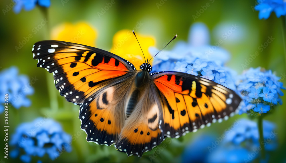 Obraz premium A close-up of a butterfly resting on a blue flower with a soft, blurred background