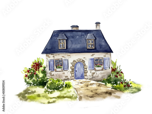 Watercolor rural cottage house among green trees hand painted illustration. Summer village cozy home composition. Cartoon countryside design elements isolated on white background.