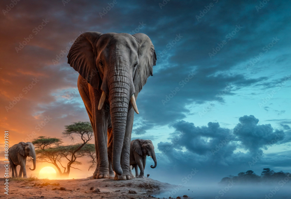 Fototapeta premium Elefanti in tutta la loro bellezza al tramonto, concetto di locandina per un film