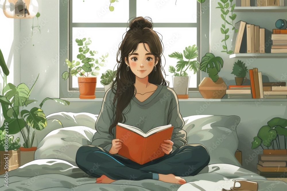 自宅のベッドで本を読んでいる若い女性 自宅のベッドで本を読んでいる若い女性