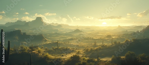 Wide shot of Arizona desert with cacti and mountains at sunset