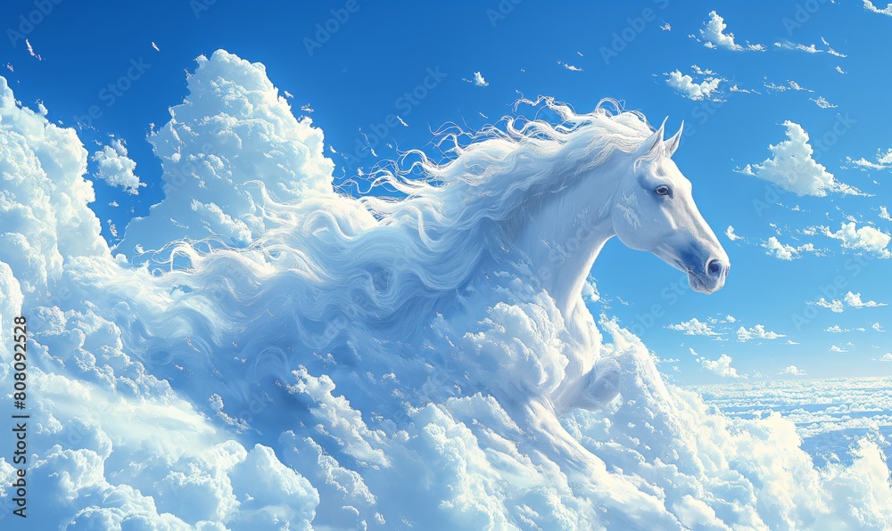 White Horse in Clouds. Generative AI White Horse in Clouds. Generative AI