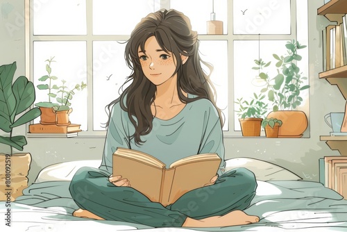 自宅のベッドで本を読んでいる若い女性 photo