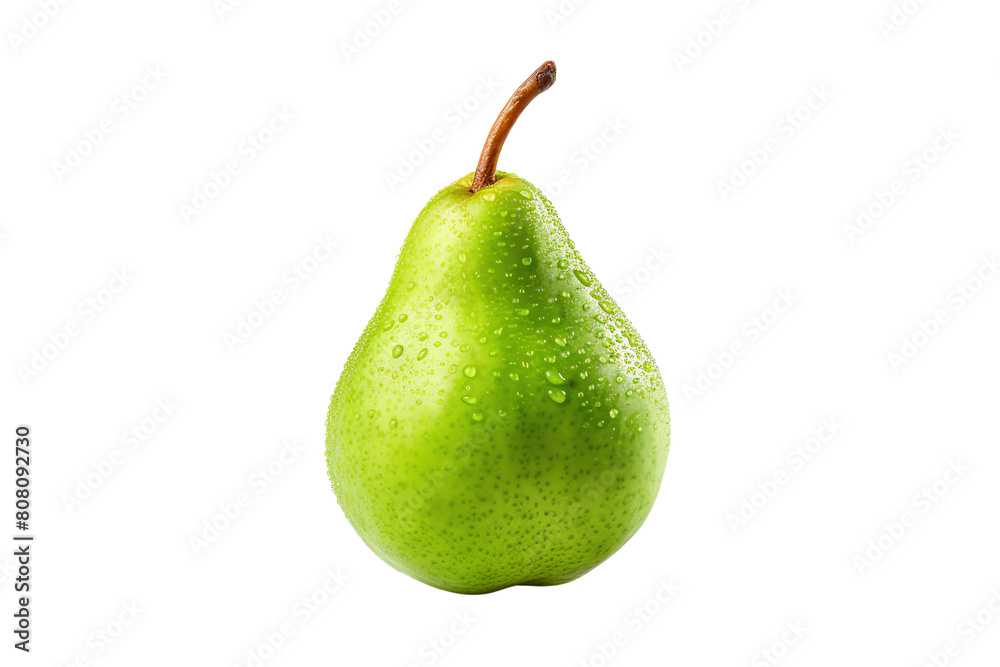 A green pear with water drops isolated on a black background.