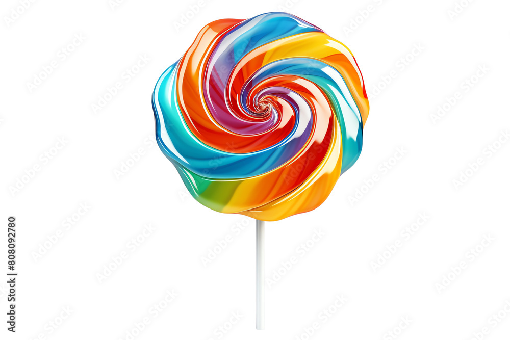 This is a photo of a lollipop with rainbow colors. The lollipop is on a white stick. The background is transparent.
