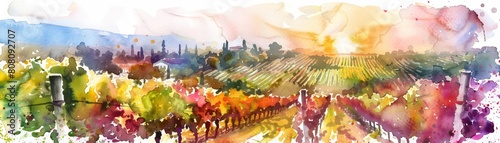Creative watercolor of a vineyard at sunset, symbolizing the wine industry in vintage styles, Simple detail clipart cute watercolor on white background