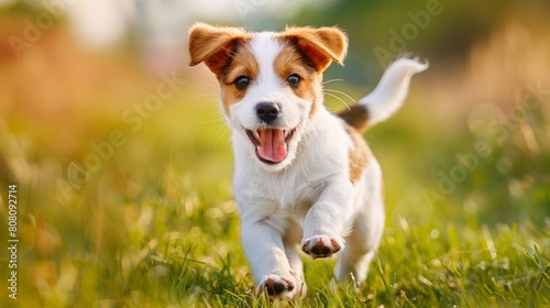 happy puppy playfully chasing its tail in the grass, embodying a playful and energetic doggy concept photo