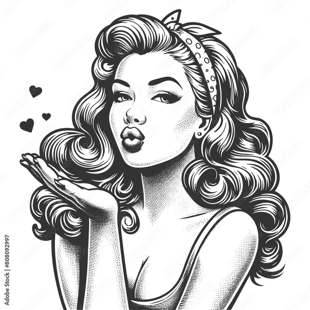pin-up girl playfully blowing air kiss, perfect for romantic themes sketch engraving generative ai fictional character vector illustration. Scratch board imitation. Black and white image. pin-up girl playfully blowing air kiss, perfect for romantic themes sketch engraving generative ai fictional character vector illustration. Scratch board imitation. Black and white image.