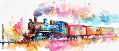 Fototapeta Naklejka Na Ścianę i Meble -  Creative watercolor of transport depicting an oldfashioned train in vintage styles, clipart kawaii watercolor on white background