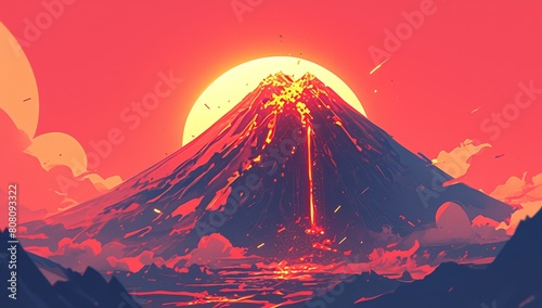illustration of an erupting volcano with lava flowing down the side, on a pink background