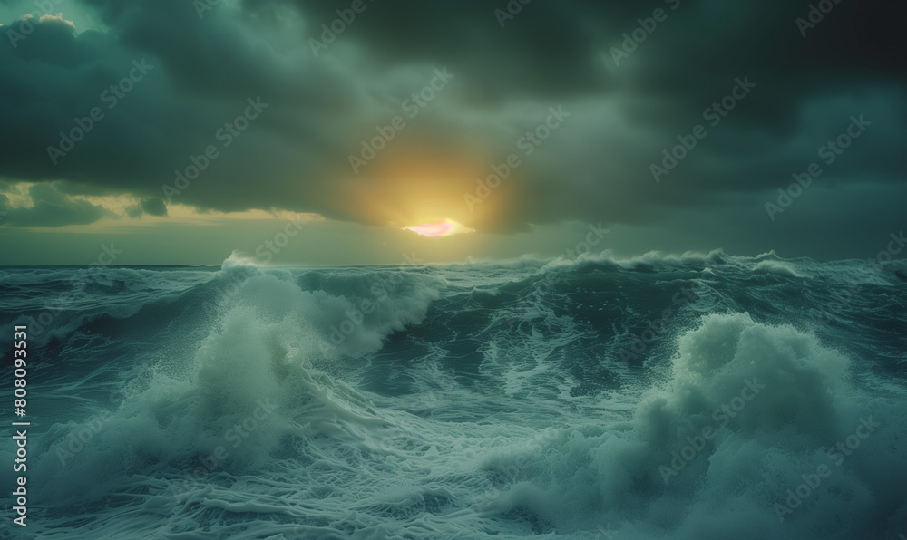 Obraz premium This striking photograph captures the raw power and intensity of big waves crashing against the shore amidst a turbulent sea and stormy sky. Towering waves rise majestically from the depths