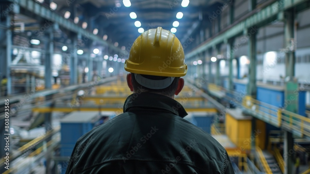 man in a hard hat looking out over a factory floor