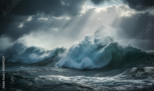 This striking photograph captures the raw power and intensity of big waves crashing against the shore amidst a turbulent sea and stormy sky. Towering waves rise majestically from the depths photo