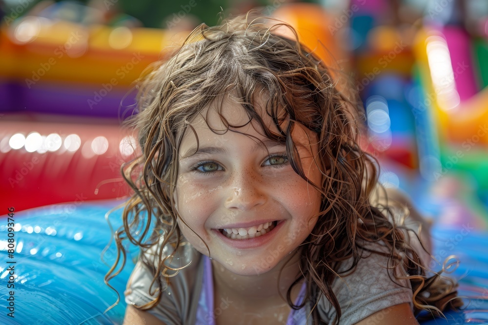 Joyful young girl with wet hair and smiling face enjoys summertime play in a colorful water park Joyful young girl with wet hair and smiling face enjoys summertime play in a colorful water park