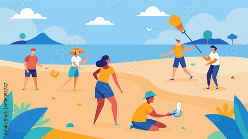 After a successful beach cleanup volunteers unwind and have fun by playing a spirited game of badminton on the freshlycleaned shore.. Vector illustration © Justlight