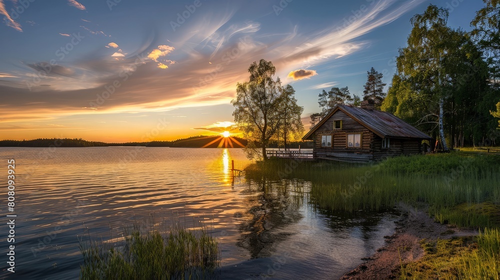 a simple house on the edge of the lake with the sunset in the background on summer