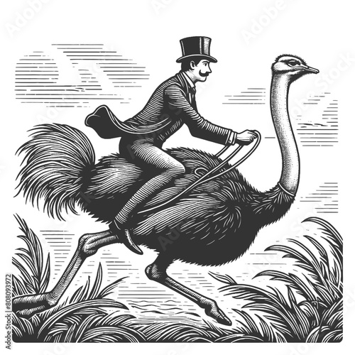 gentleman in a top hat riding an ostrich, a nod to vintage absurdity and humor sketch engraving generative ai fictional character vector illustration. Scratch board imitation. Black and white image.