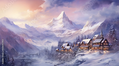 Generate a watercolor background depicting a snowy mountain village lit by the soft glow of dawn