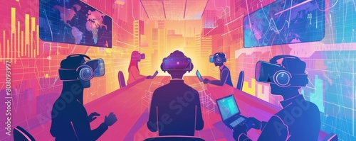 Futuristic concept of business meetings conducted via virtual reality in colorful styles, providing a sharpen Cinematic Look for engaging visuals