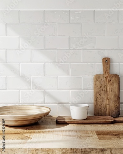 Wooden kitchen utensils on a white brick wall.