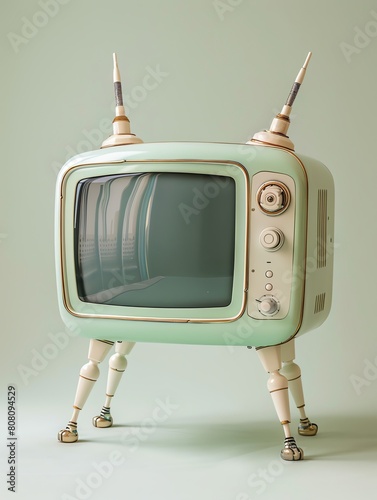 Mint green retro television with rabbit ears on a pastel green background. photo