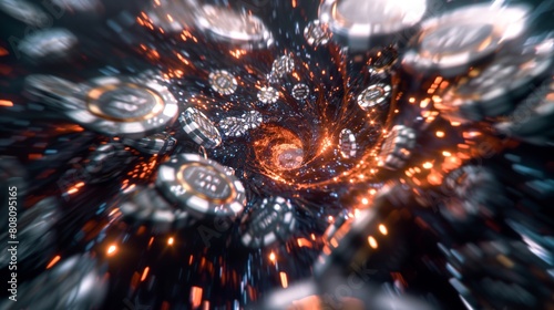 A casino chips, swirling and dancing in a chaotic display, Casino, gambling, chips, loss