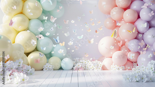 A whimsical balloon wall in pastel rainbow colors, seamlessly blending into a white floor, with realistic butterflies and flowers creating a fairy-tale spring atmosphere in a dreamy neutral palette.