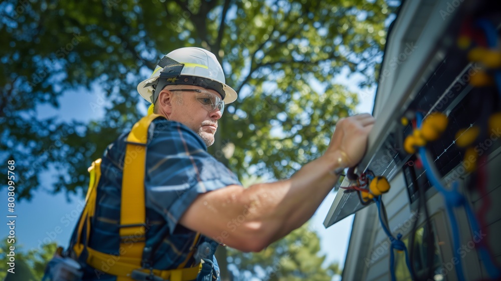 A professional electrician in safety gear, wearing glasses and a helmet while working on an outdoor solar panel system at the side of a house