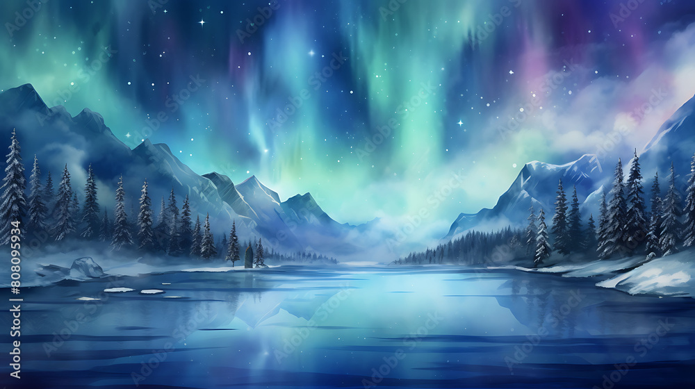 Generate a watercolor background depicting a frozen lake under the northern lights