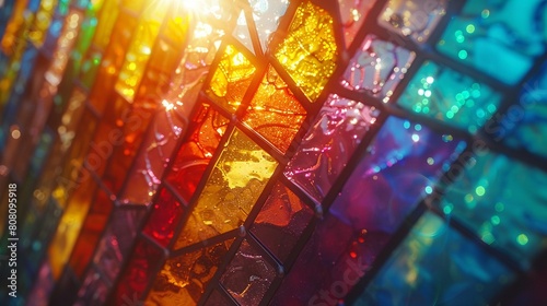 A beam of light shines through a stained glass window, illuminating a collection of rainbowcolored glass shards with a soft, warm glow 8K , high-resolution, ultra HD,up32K HD photo