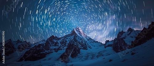 High above the world, star trails form a mesmerizing backdrop to a mountain peak, standing silent witness to the passage of time 8K , high-resolution, ultra HD,up32K HD photo