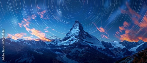 High above the world, star trails form a mesmerizing backdrop to a mountain peak, standing silent witness to the passage of time 8K , high-resolution, ultra HD,up32K HD