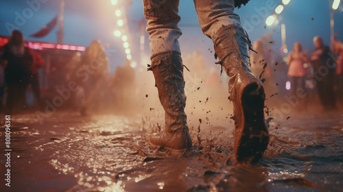 A close-up shot of a pair of muddy boots dancing in a puddle at a music festival photo