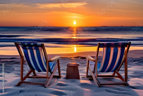 Two empty chairs on a sandy beach overlooking the ocean  under a clear blue sky.