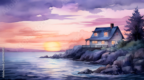 Generate a watercolor background depicting the tranquil ambiance of a seaside cottage at dusk, with the sound of waves in the distance