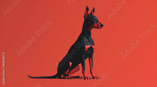 Abstract and minimalist polygonal artwork of a black Doberman Pinscher sitting elegantly against a solid red backdrop. photo