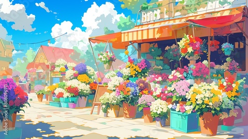 A whimsical illustration of a flower cart overflowing with blooms of every color imaginable