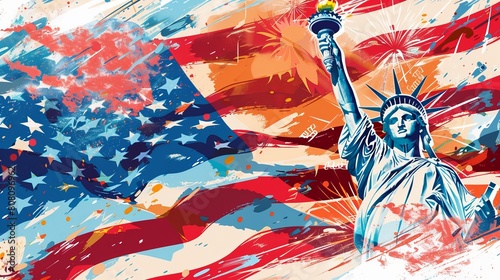 
4th of July independence day Vector illustration with the celebration greeting USA flag waving ribbon bunting decoration famous landmarks balloons flag
